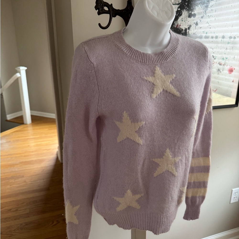 360 Cashmere Lavender Star Crewneck Sweater with Cream Accents
